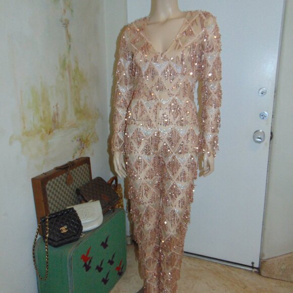 Pretty Little Thing Sequin Jumpsuit Champagne Mesh V-Neck sz 2 New Years - Picture 5 of 11